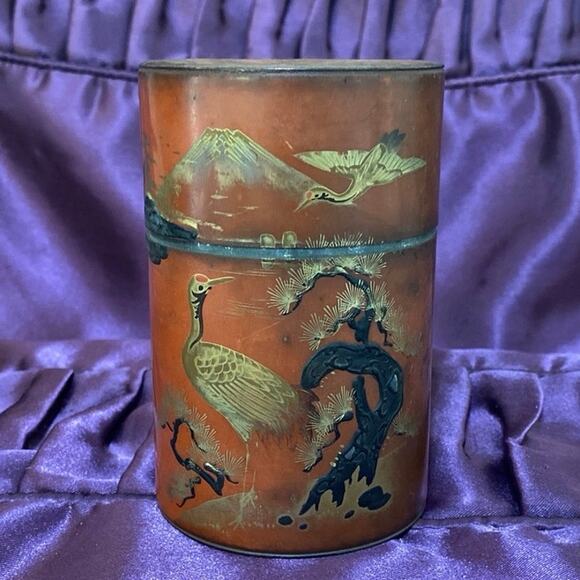 Red Orange Lacquered Asian Japanese Tea Canister Tin Crane FAIR CONDITION READ - Picture 1 of 11